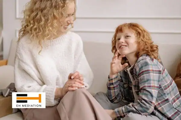 Happy mother and child after sorting child arrangements mediation Epping